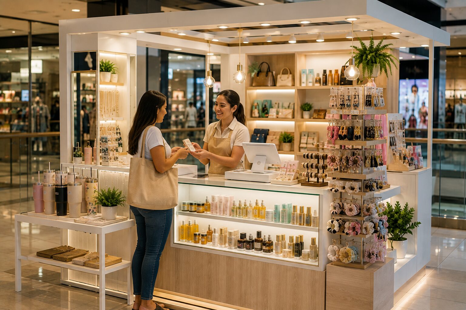 Entrepreneur operating a modern shopping mall kiosk with beauty products, accessories and retail merchandise.