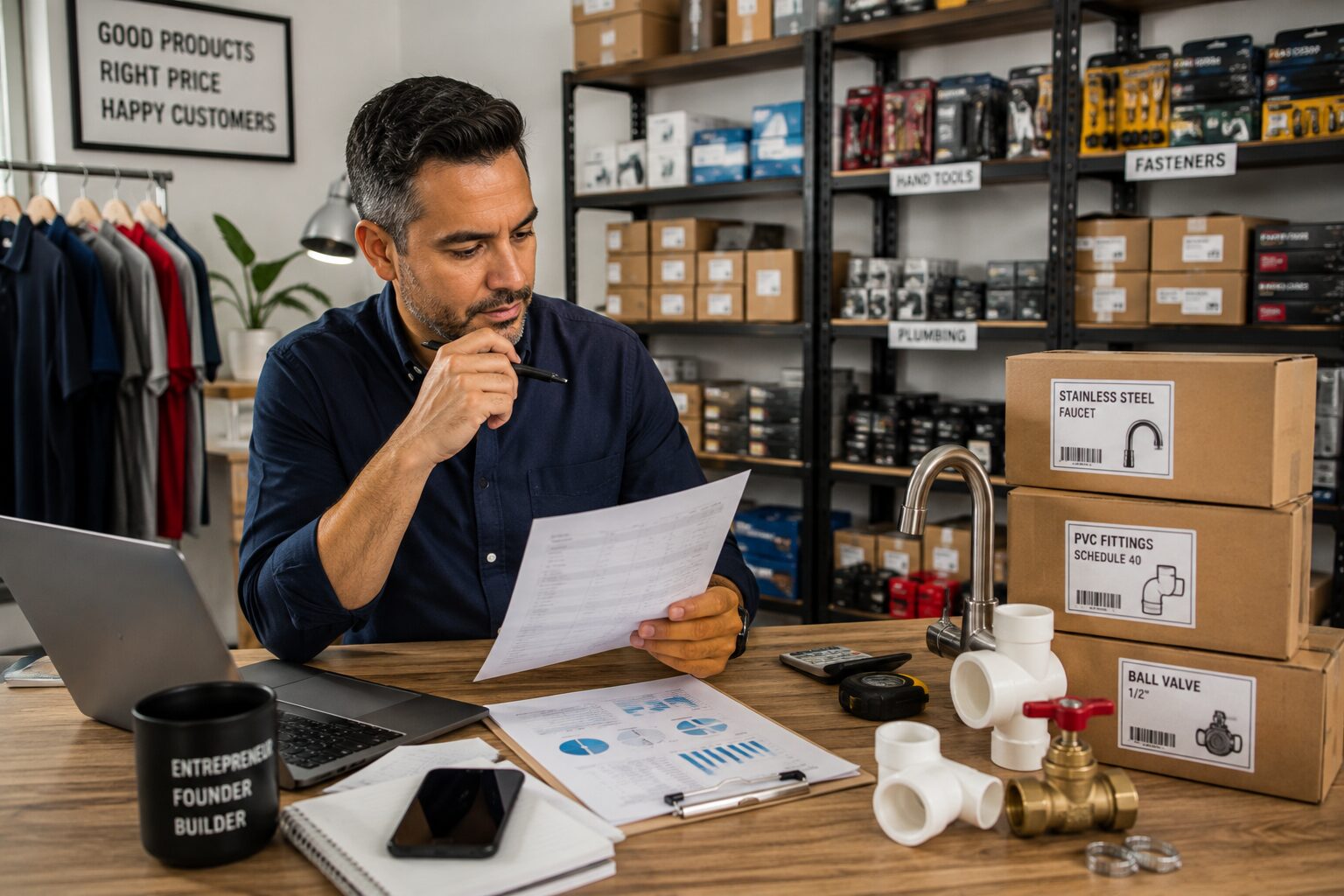 Business owner reviewing inventory, product costs, and wholesale merchandise for retail business expansion.