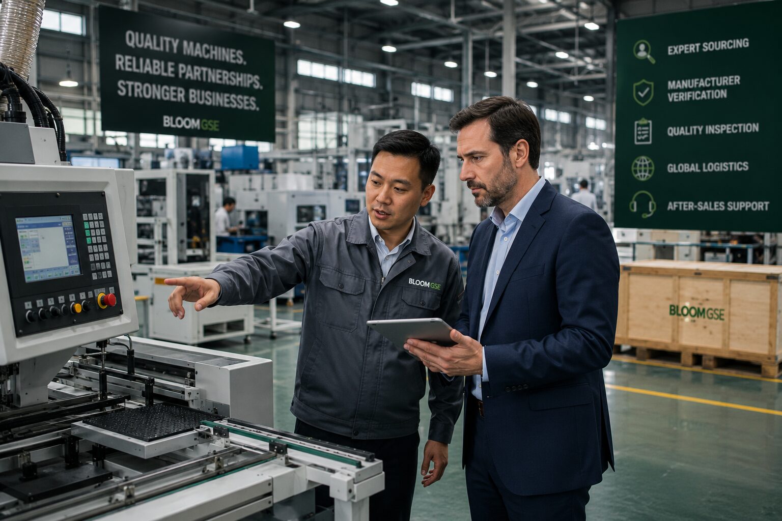 Bloom GSE industrial machinery sourcing specialist reviewing manufacturing equipment with a factory technician in China.