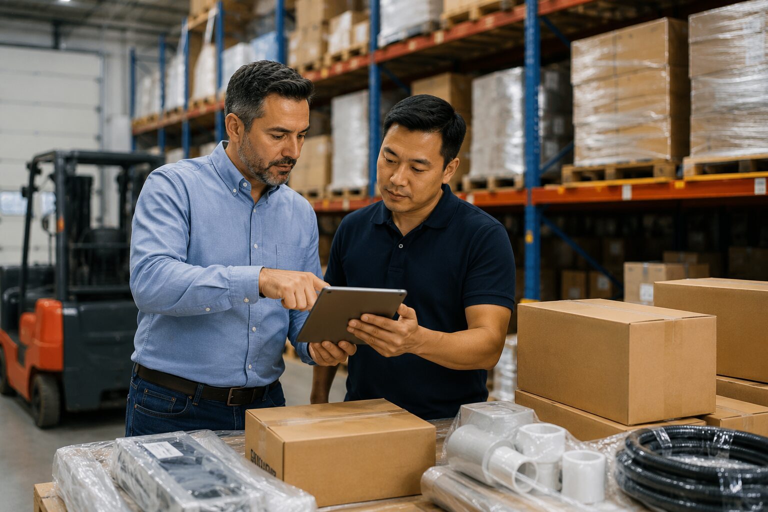 Hardware store owner reviewing plumbing supplies and wholesale products for retail inventory expansion.