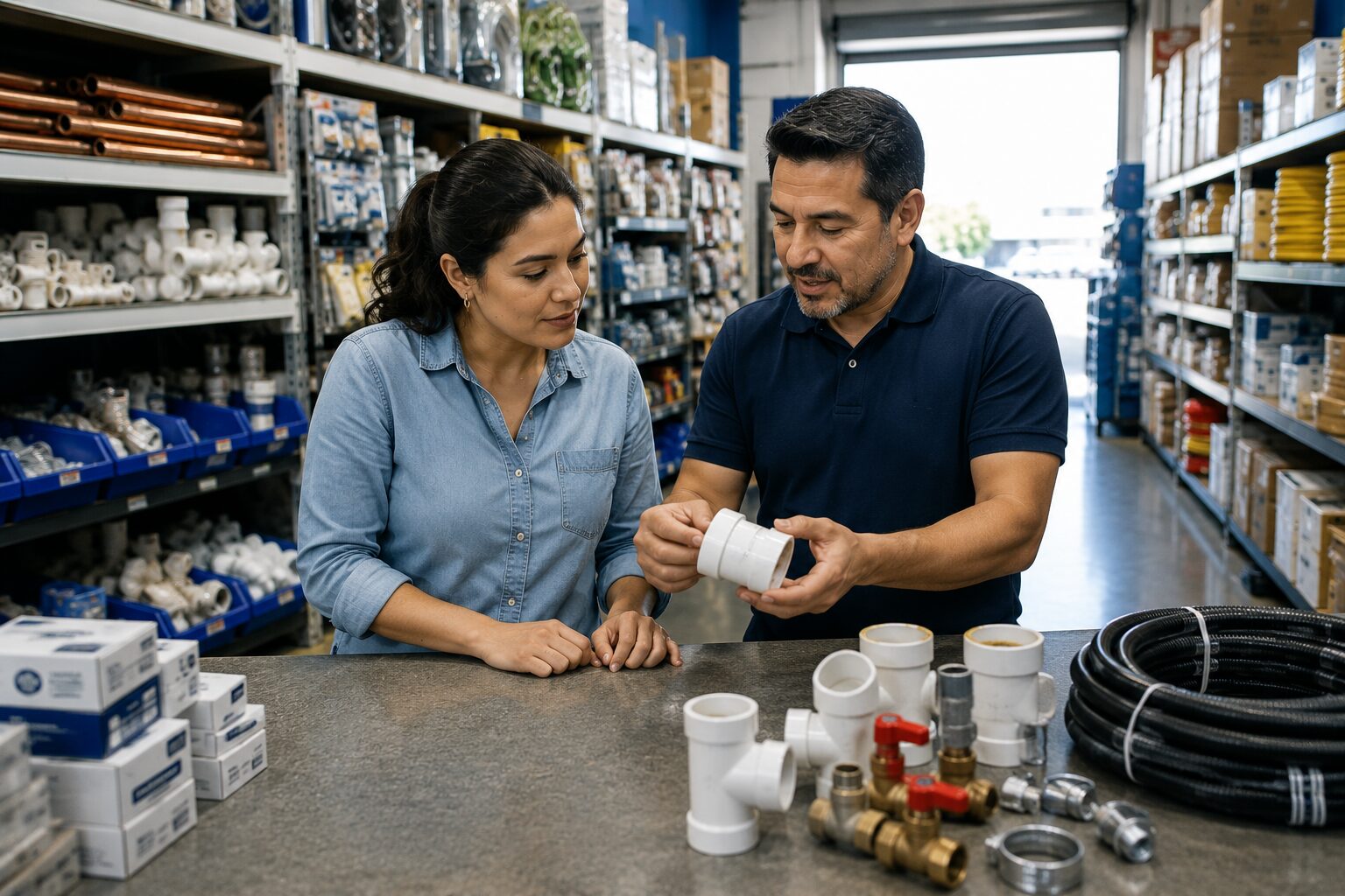 Existing distributor reviewing wholesale inventory and supply opportunities with a sourcing professional in a warehouse.