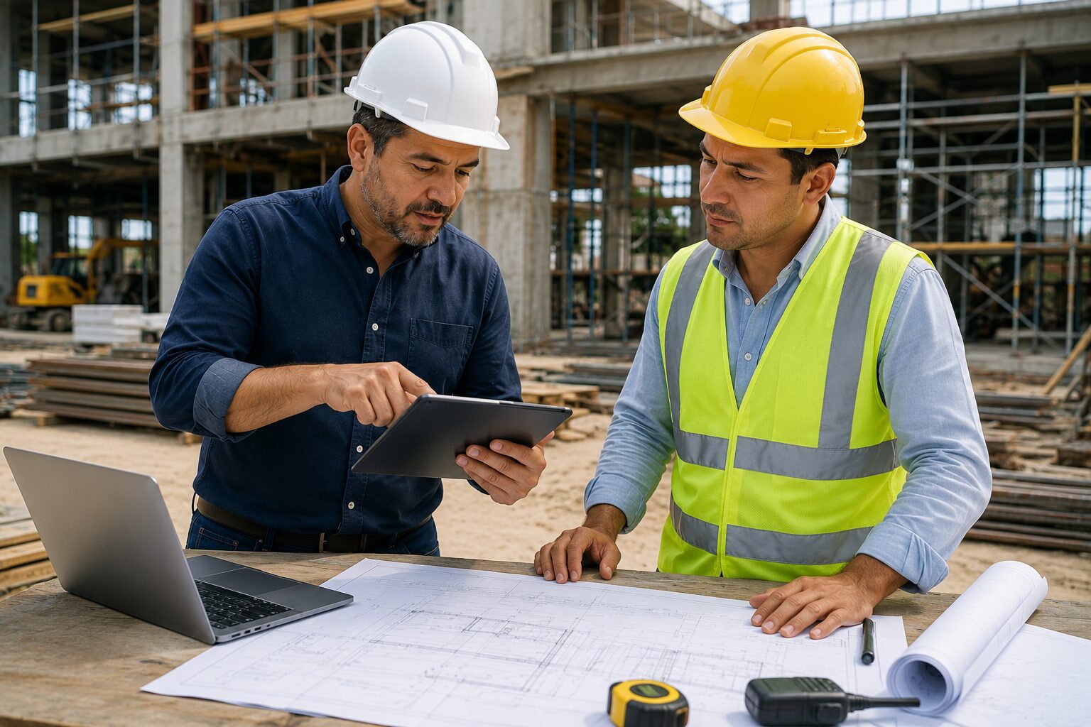 Construction professionals reviewing project plans, materials and commercial supply requirements at a job site.