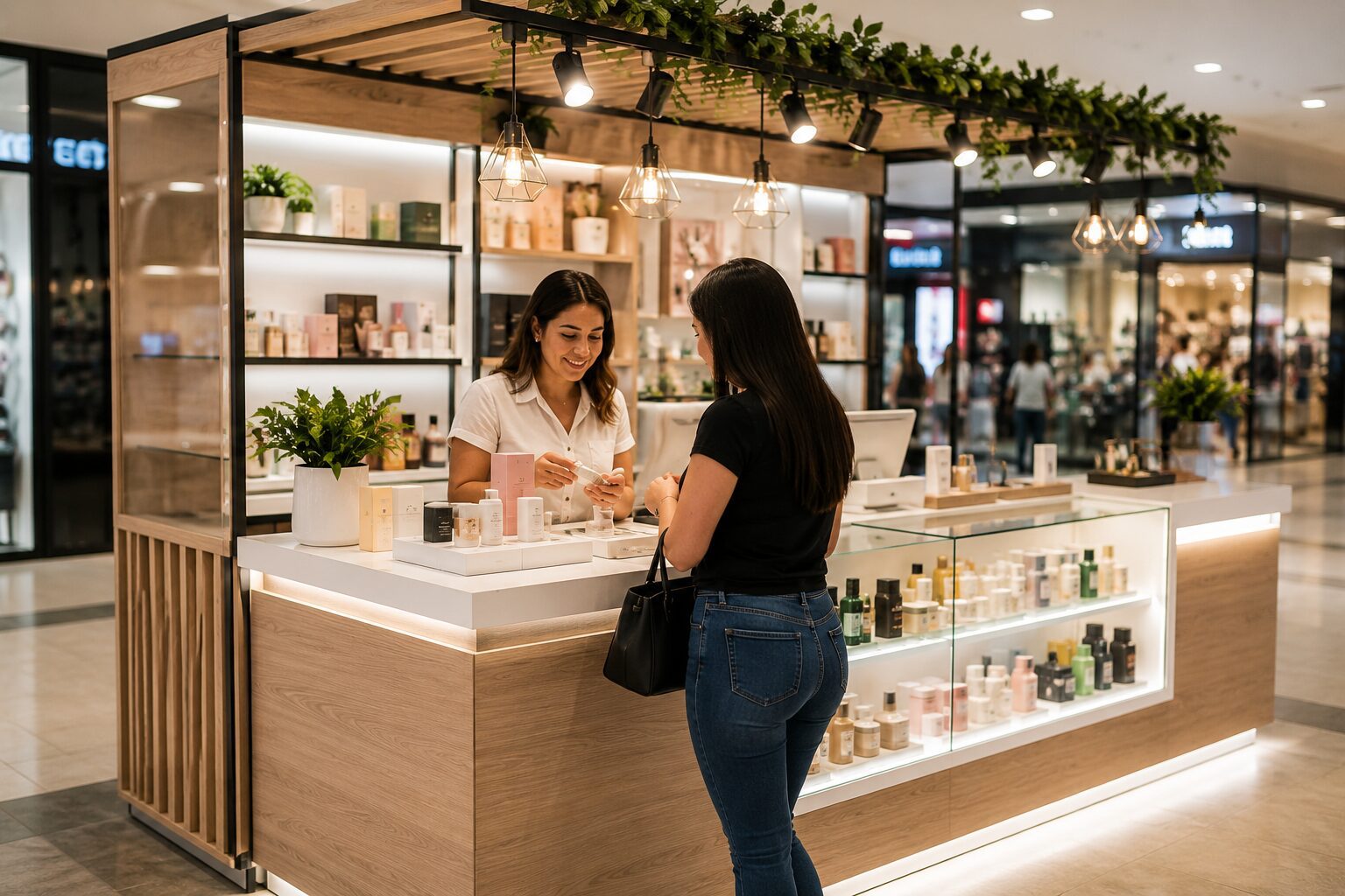 First-time entrepreneur operating a modern retail kiosk and assisting a customer.