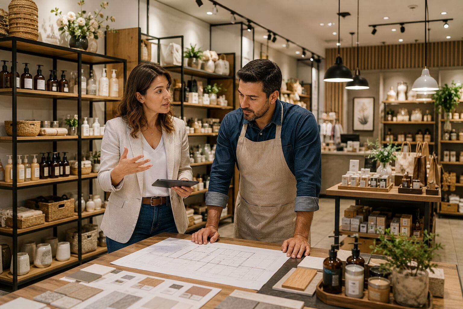 Business owner planning the development and expansion of a modern retail store.