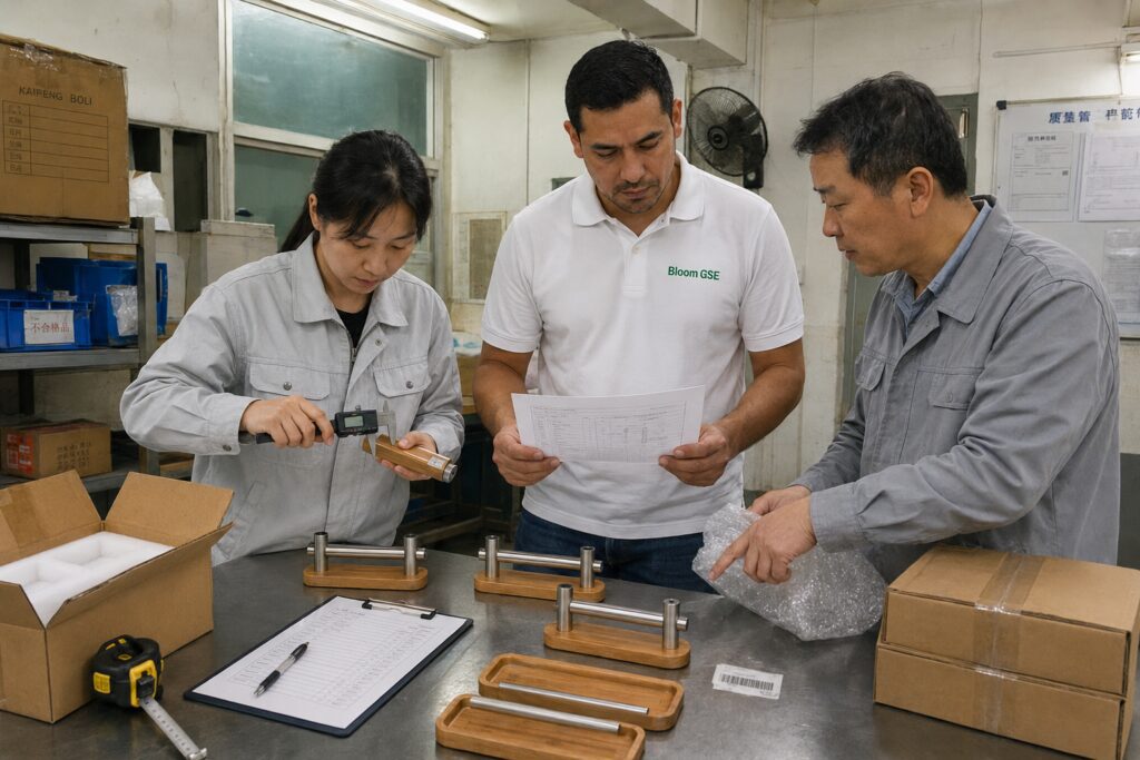Bloom GSE representative reviews product specifications while factory personnel measure components and inspect protective packaging during a pre-shipment quality inspection in China.