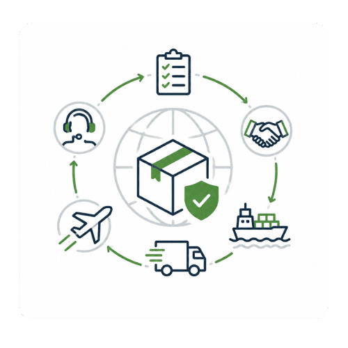 End-to-end support for supplier research, purchasing, and international logistics
