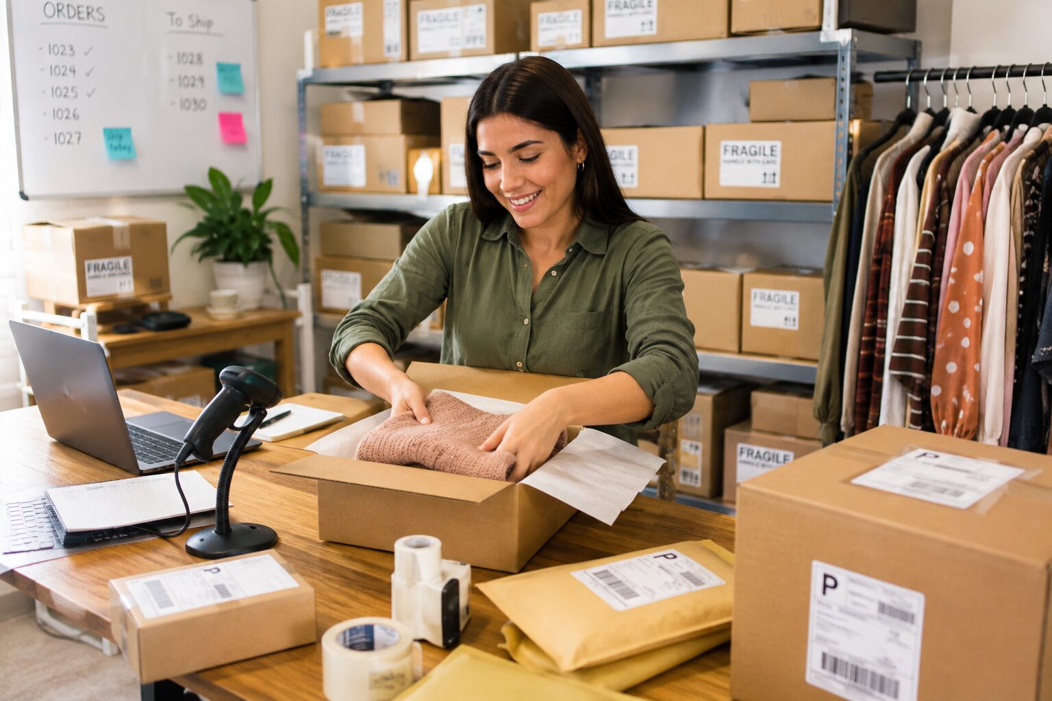Online seller preparing and packing customer orders for e-commerce fulfillment and shipping.